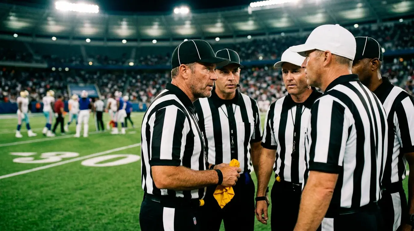 NFL officials on the field reviewing a play during a professional football game