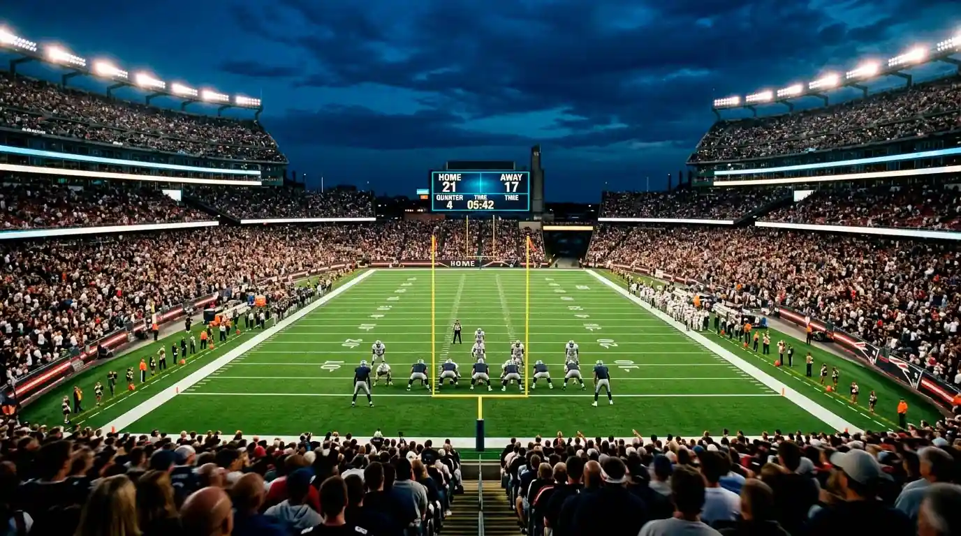Packed NFL stadium during a regular season game with fans watching the action on the field